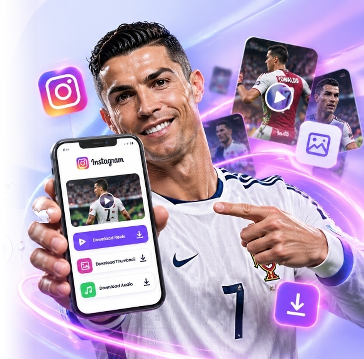 Cristiano Ronaldo holding phone with Instagram Downloader App